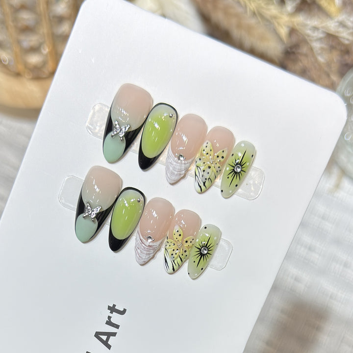 Artistic Press-On Nail Set with Butterfly and Floral Designs Kalsten