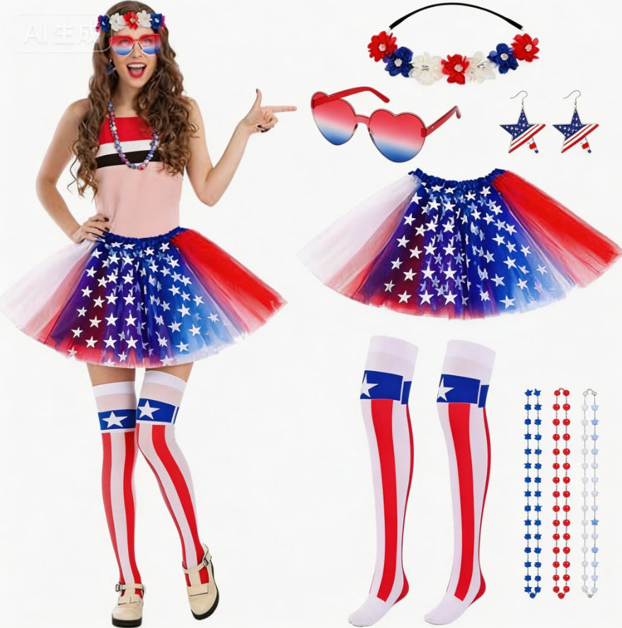 Women's Independence Day tulle tutu skirt with oversized bow headband over-the-knee star-striped stockings and matching arm sleeves Kalsten