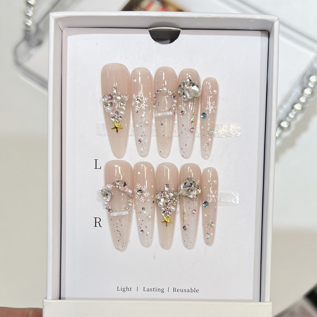Artistic Press-On Nail Set with Snowflake and Gemstone Designs Kalsten