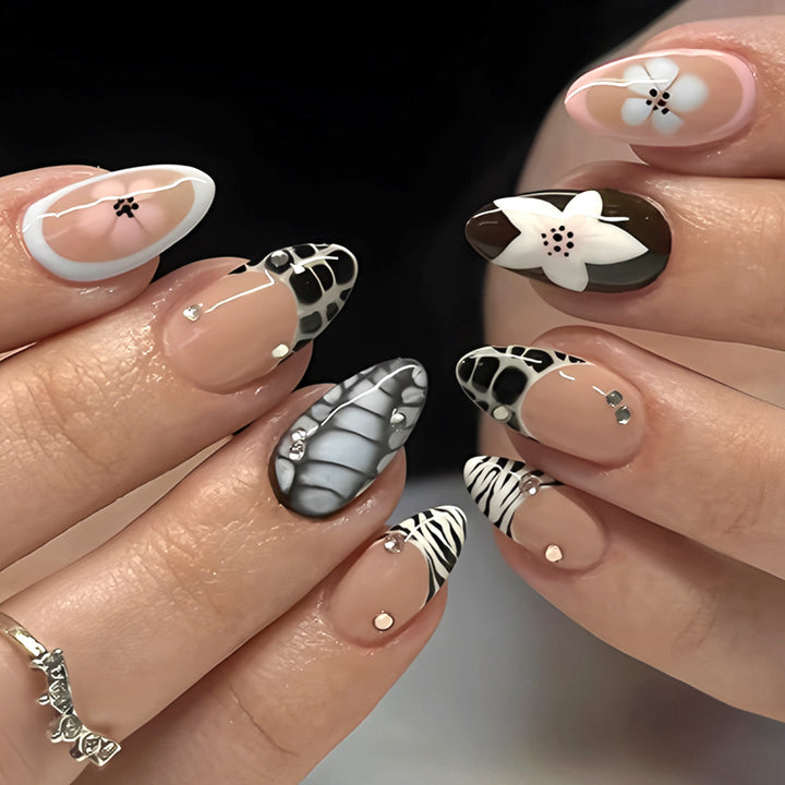 Artistic Press-On Nail Set with Floral and Textured Design Kalsten
