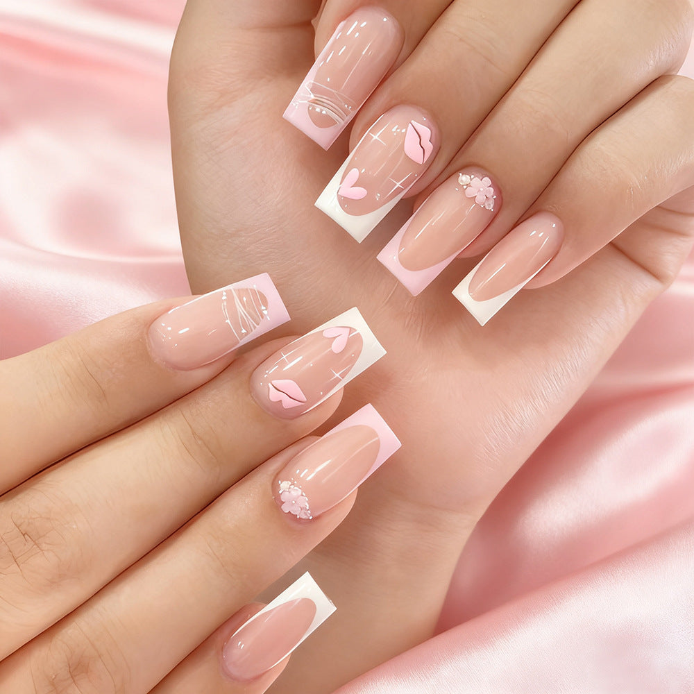 Artistic Press-On Nail Set with Floral and Heart Accents Kalsten