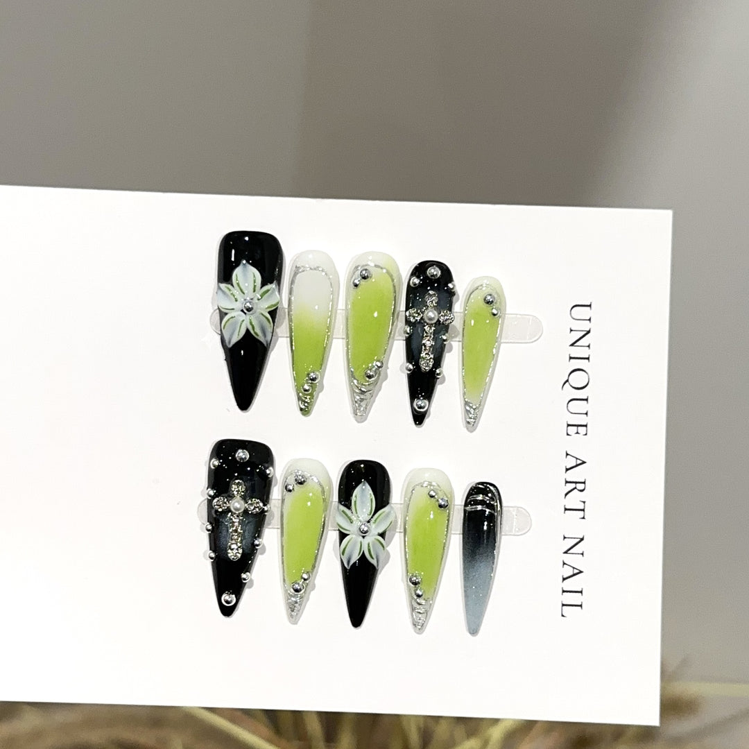 Artistic Floral and Gemstone Press-On Nail Set