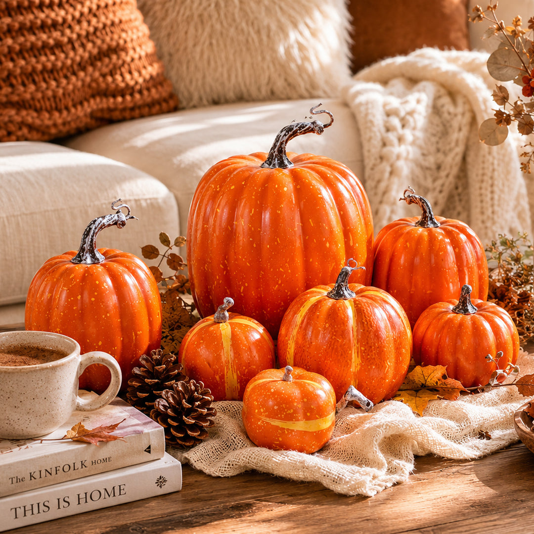 Realistic art pumpkin decoration set in varying sizes with removable stems