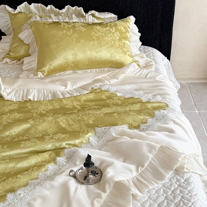 Elegant bedroom set: Jacquard satin bedspread with decorative ruffle and lace trim