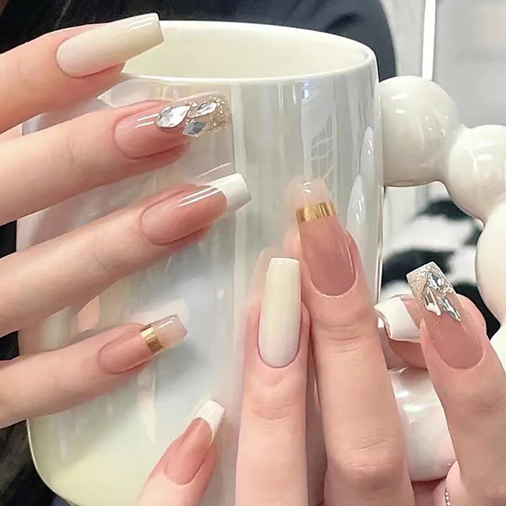 Elegant Long Press-On Nails with Rhinestone and Gold Accents Kalsten