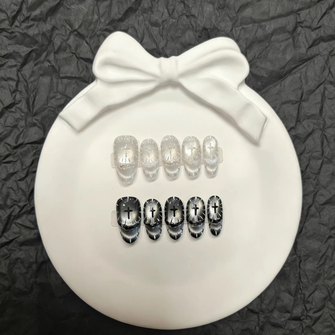 Artistic Press-On Nail Set with Unique Cross Designs