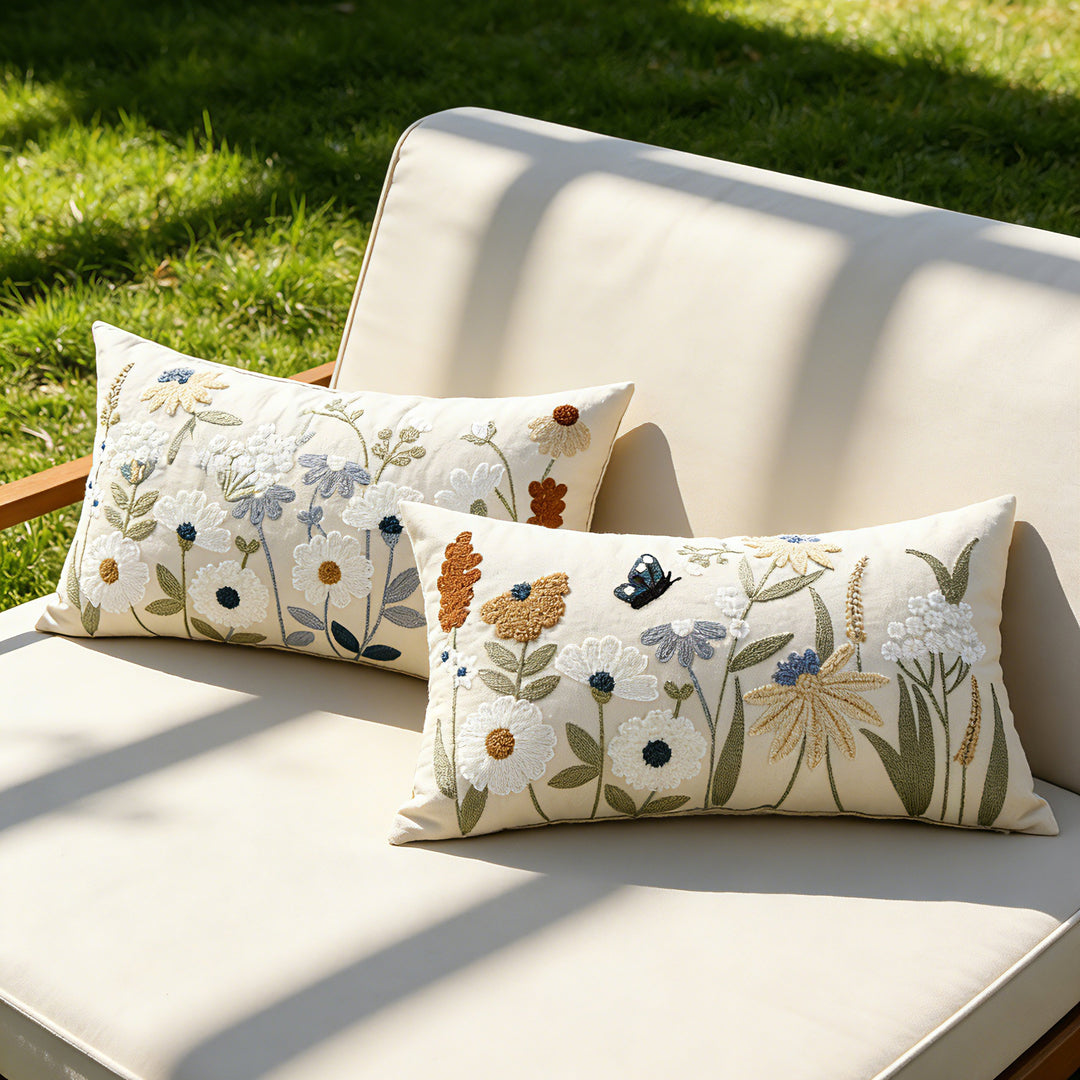 Embroidered Botanical Linen Decorative Pillow Cover with Textured Chenille Accents