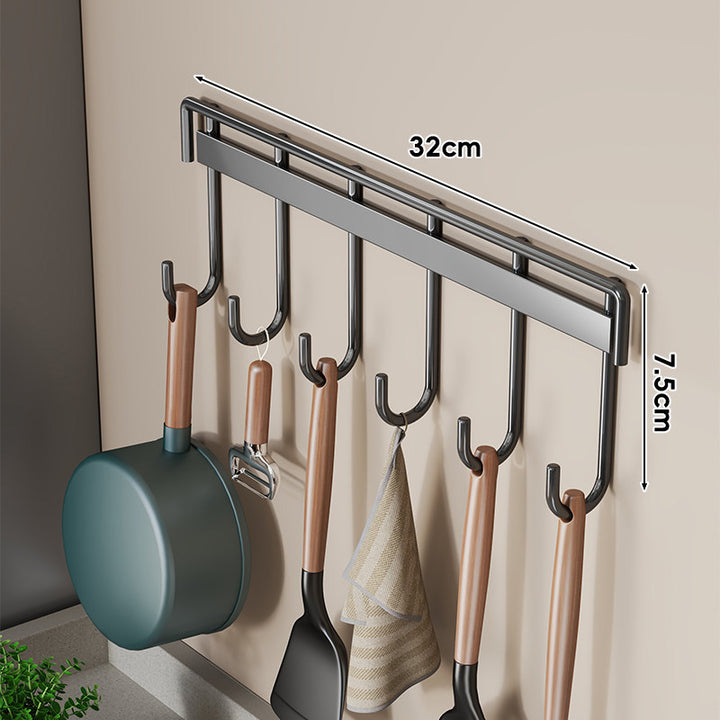 Wall-Mounted Multi-Hook Kitchen Utensil and Pan Hanger Rack