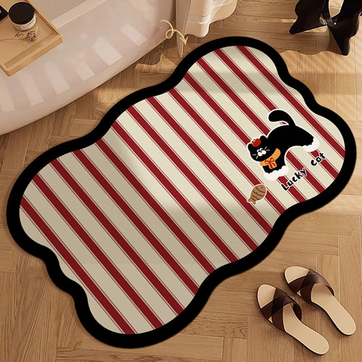 Decorative Scalloped Non-Slip Striped Bath Mat with Lucky Cat Print