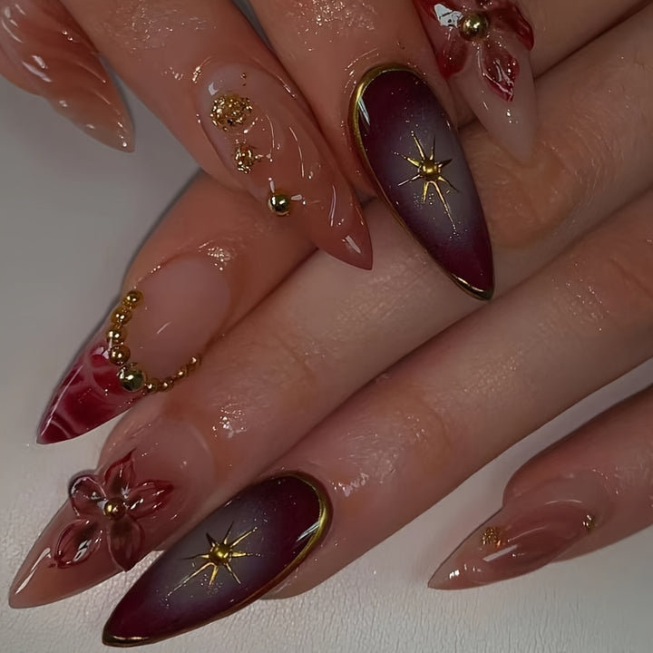 Artistic Stiletto Press-On Nails with Floral and Star Designs Kalsten