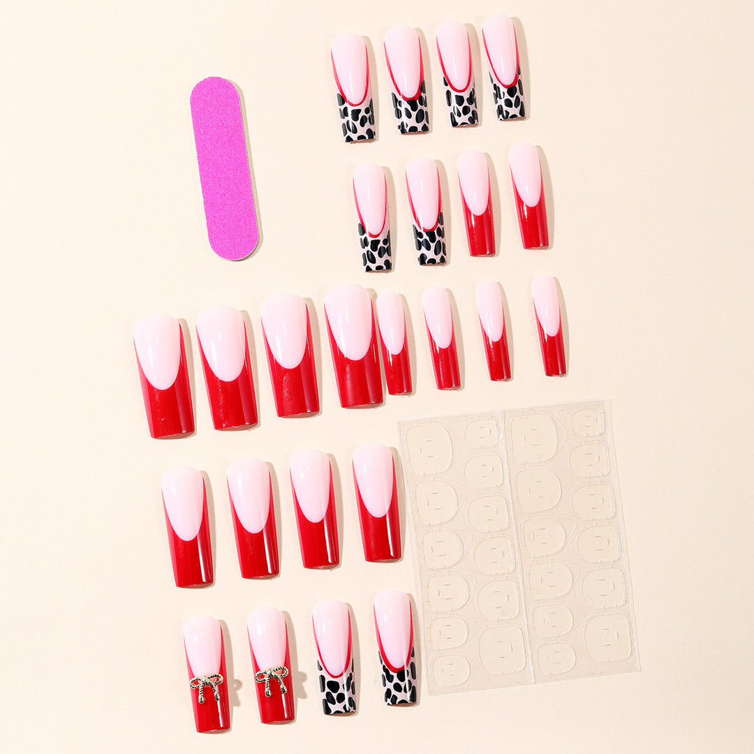 Stylish Acrylic Nail Extensions with Bow and Leopard Print Kalsten