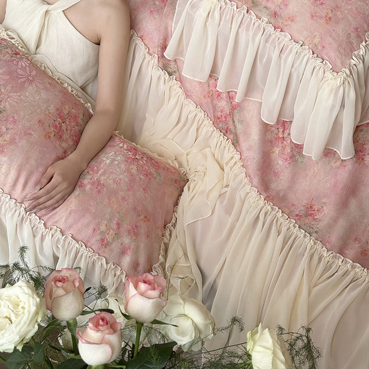 Romantic satin bedding set with floral watercolor print and lavish chiffon ruffle