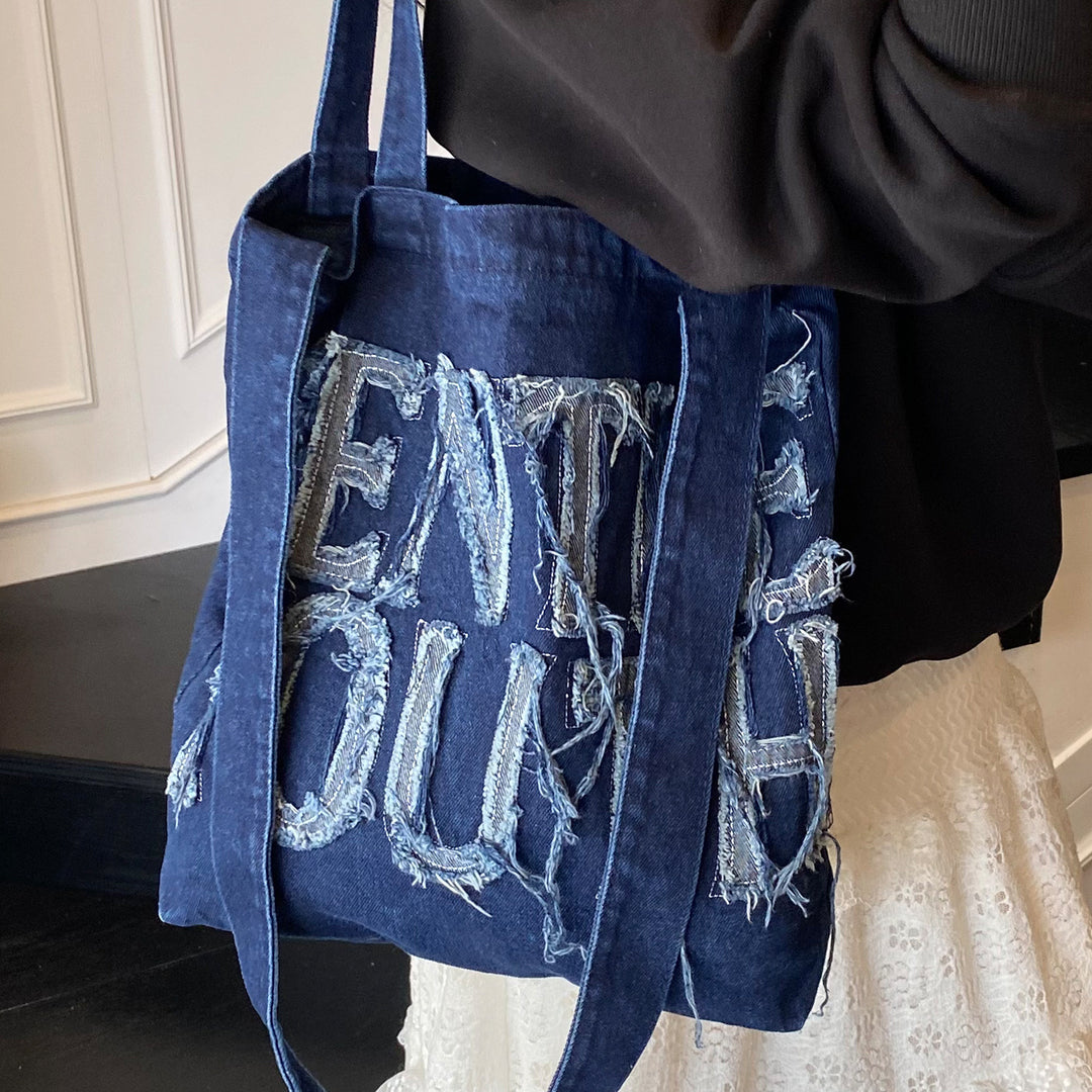 Distressed Denim Graphic Tote Bag