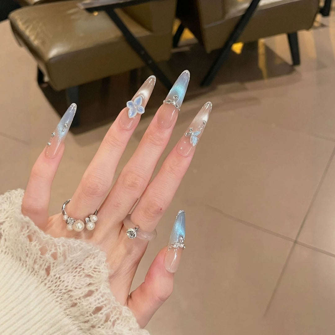 Artistic Press-On Nail Set with Floral and Gemstone Accents Kalsten