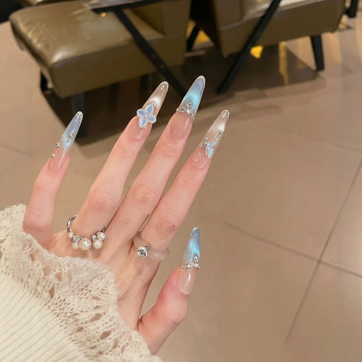 Artistic Press-On Nail Set with Floral and Gemstone Accents Kalsten