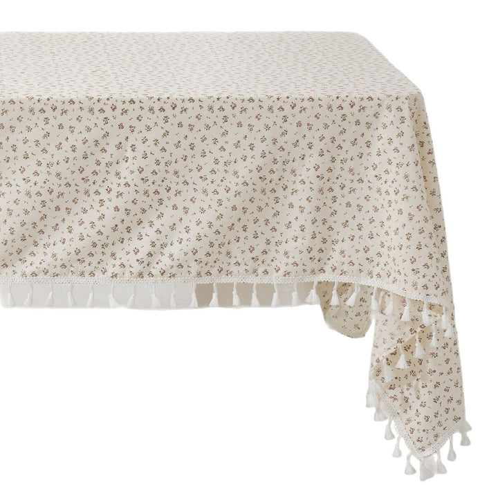 Rectangular tablecloth with floral Millefleurs print and cotton tassels Kalsten