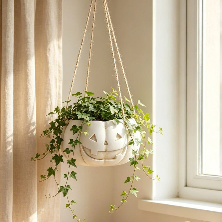 Hanging ceramic pumpkin flower pot with carved pumpkin face and jute string