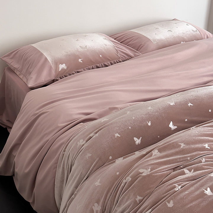 Luxurious bedding set with silk matte finish and butterfly jacquard