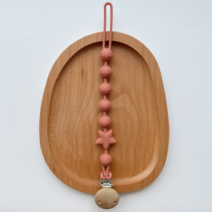 Silicone Star-Bead Pacifier and Teether Clip with Wooden Safety Clamp