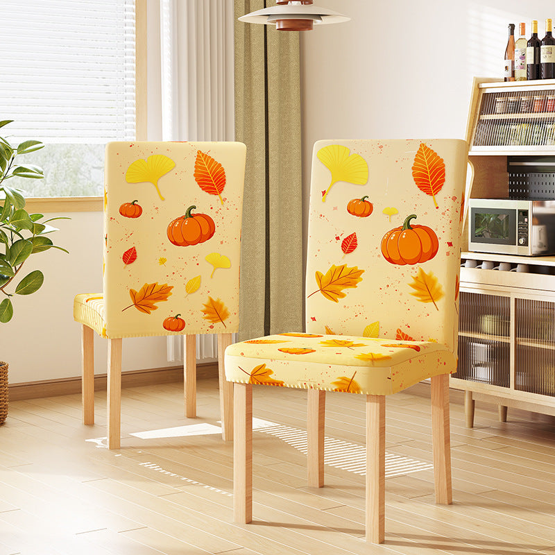 Stretch chair cover with autumn pumpkin and leaf design