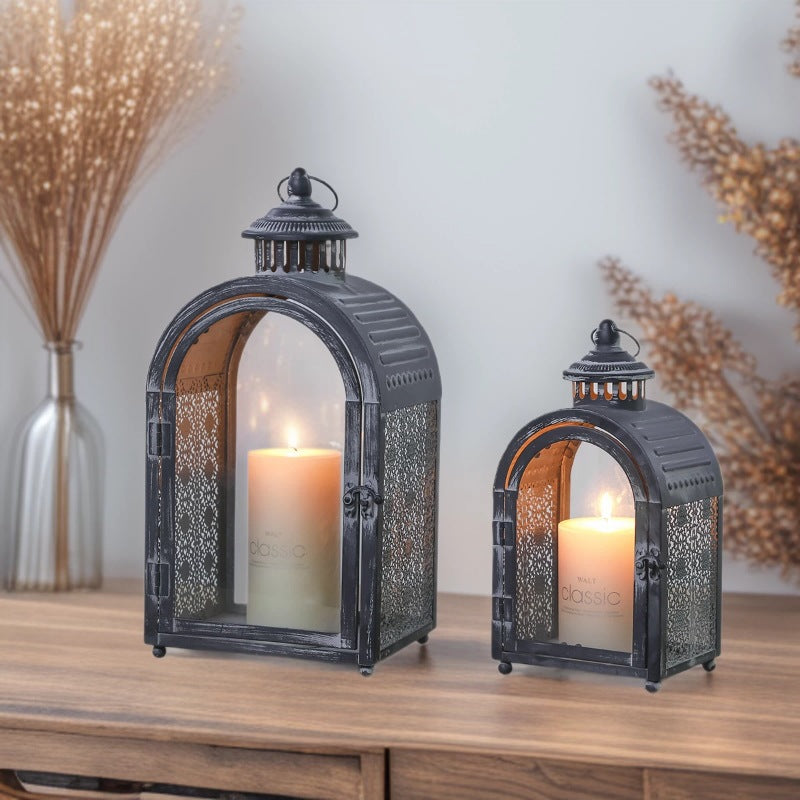 Antique-Style Arched Metal and Textured Glass Candle Lantern for Pillar Candles Kalsten