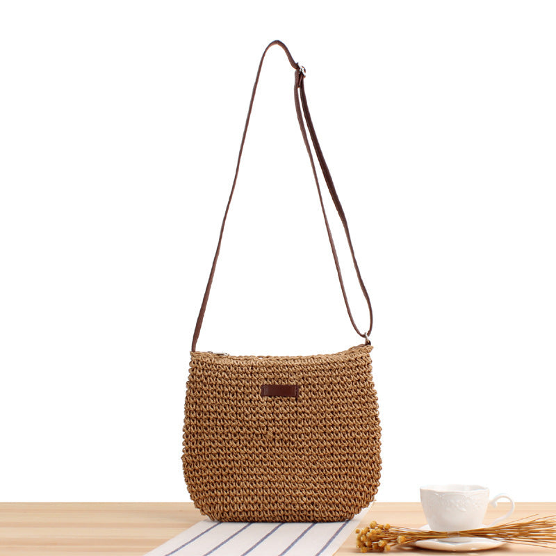 Woven Natural Material Shoulder Bag with Removable Leather Strap Kalsten