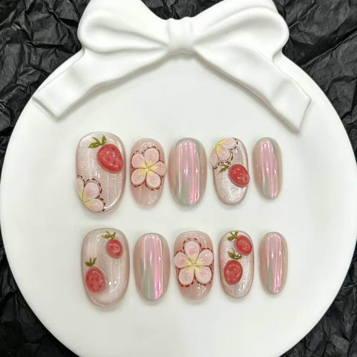 Artistic Press-On Nail Set with Floral and Berry Design