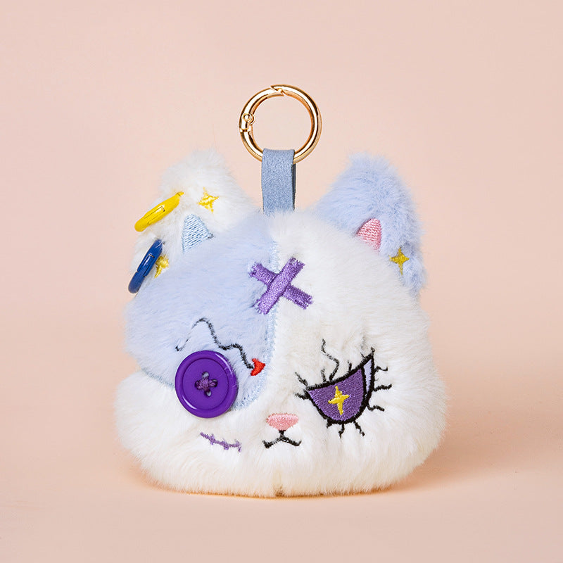 Faux-Fur Bunny Charm Key Fob with Embroidered Patchwork Face and Gold Metal Ring Kalsten