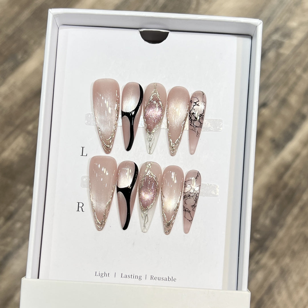 Artistic Stiletto Press-On Nail Set with Unique Marble Design Kalsten