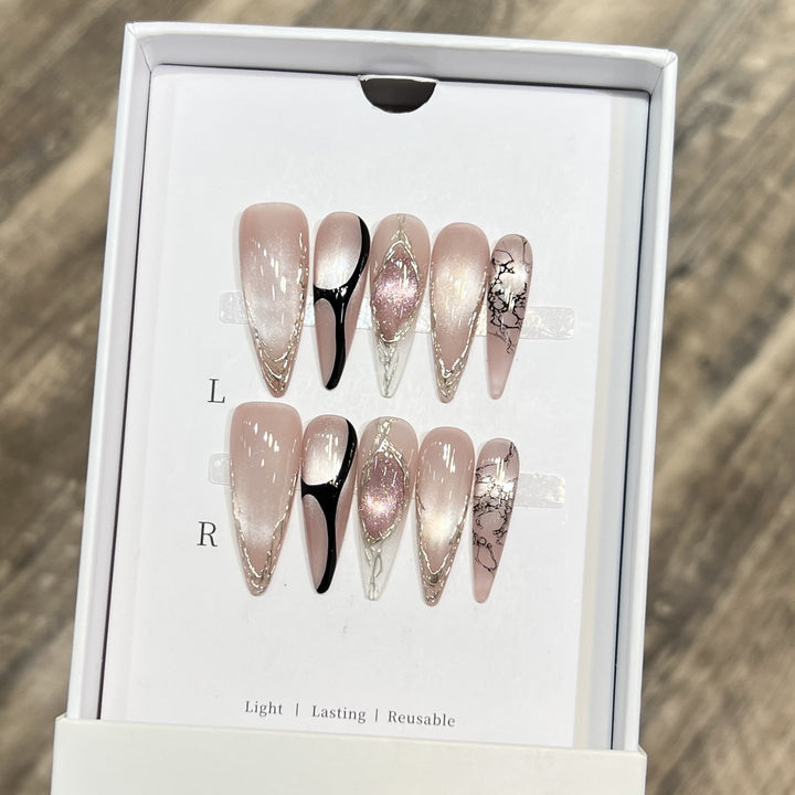 Artistic Stiletto Press-On Nail Set with Unique Marble Design Kalsten