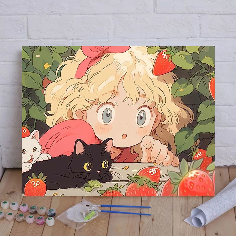 Cartoon Cat and Girl Themed Canvas Paint by Numbers Art Kit Kalsten