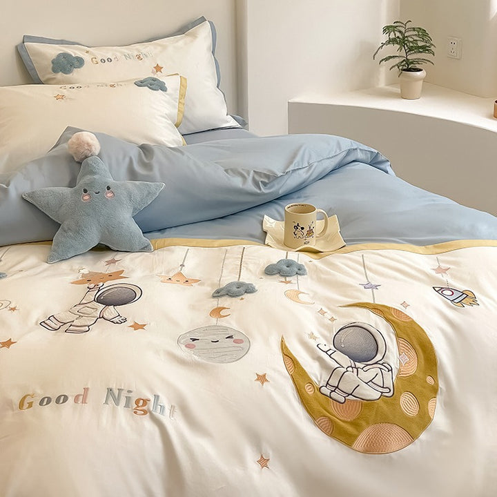 Children's bedding set with ruffles, embroidered cartoon appliqués and soft cotton satin