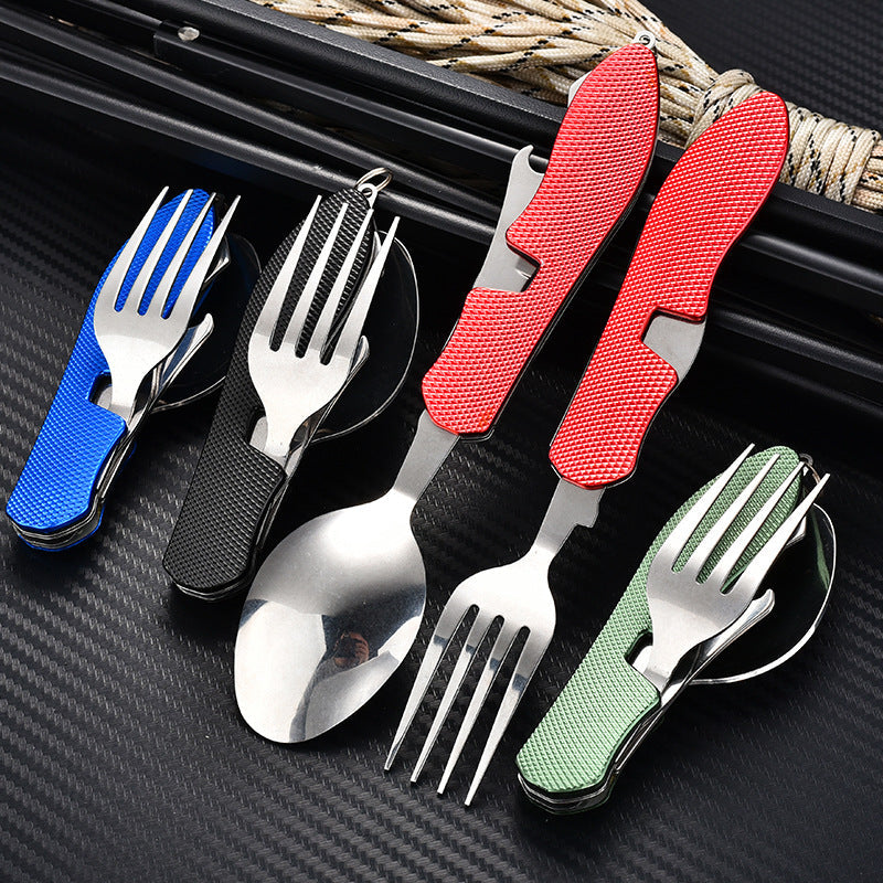 folding stainless steel camping cutlery set with textured grip locking hinge and compact travel clip Kalsten
