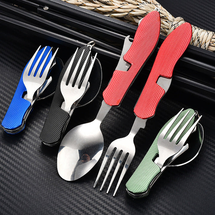 folding stainless steel camping cutlery set with textured grip locking hinge and compact travel clip Kalsten
