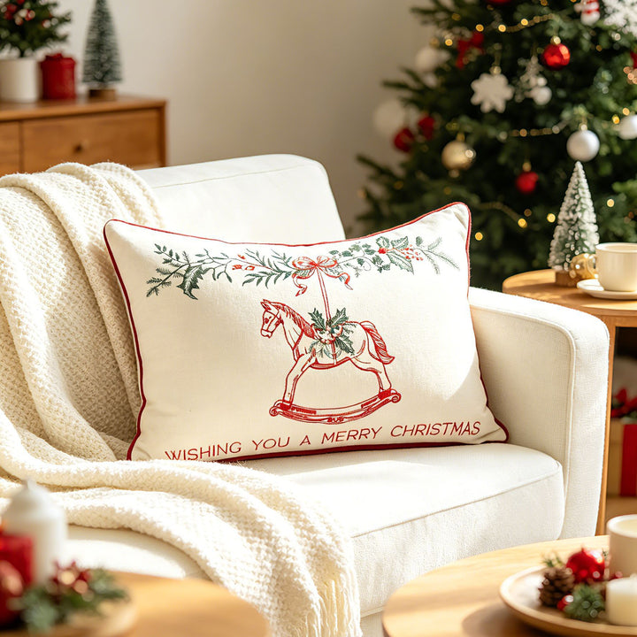 Embroidered Rocking Horse Square Linen Throw Pillow Cover with Festive Garland