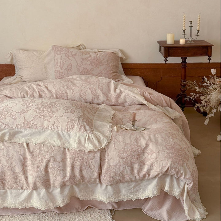 Luxurious jacquard bedding with lace trim and ruffle