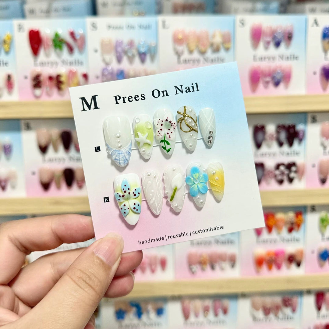 Artistic Press-On Nail Art Set with Floral and Gem Accents  1791774696