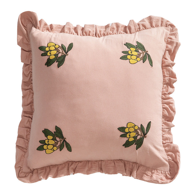Square decorative cushion with frill edge and embroidered berry ornament made of cotton-linen Kalsten