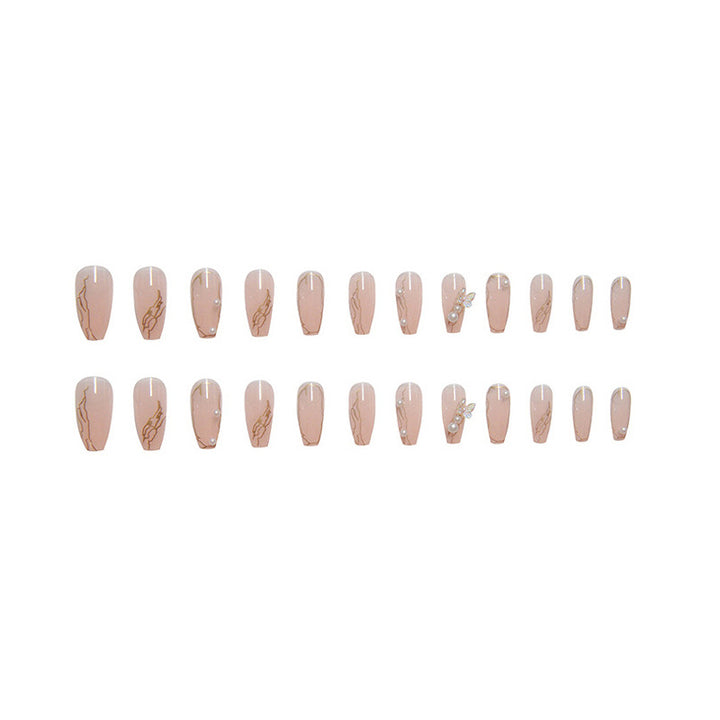 Artistic Press-On Nail Set Featuring Pearl and Gem Embellishments