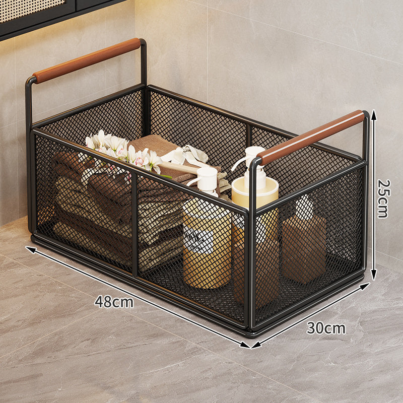 Mesh Metal Storage Organizer Basket with Wooden Grip Handles