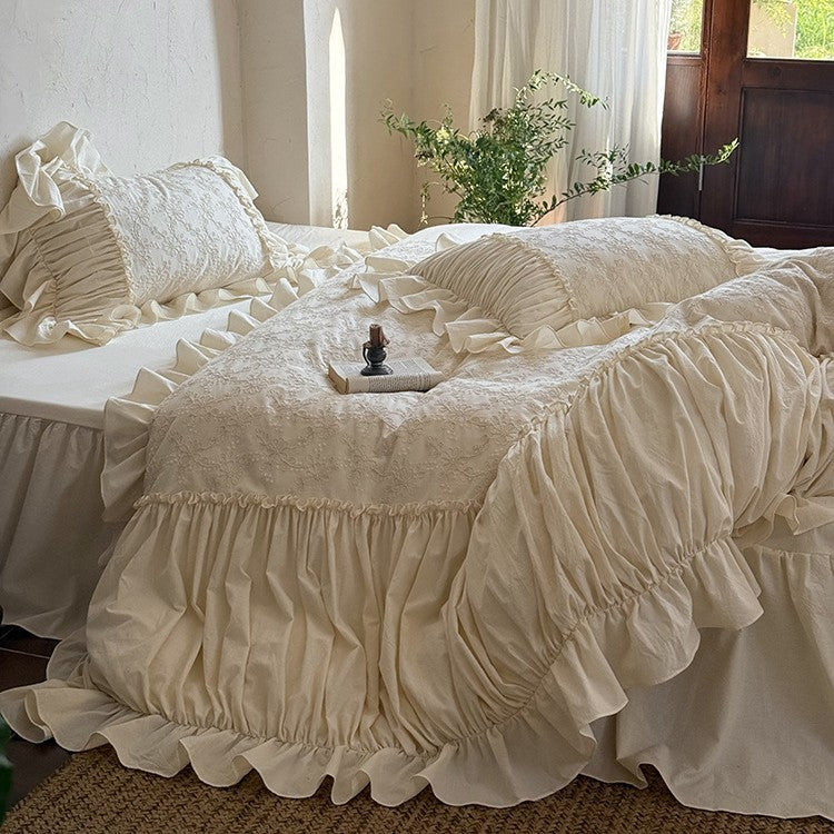Romantic embroidered cotton bedding set with ruffles and floral jacquard embroidery