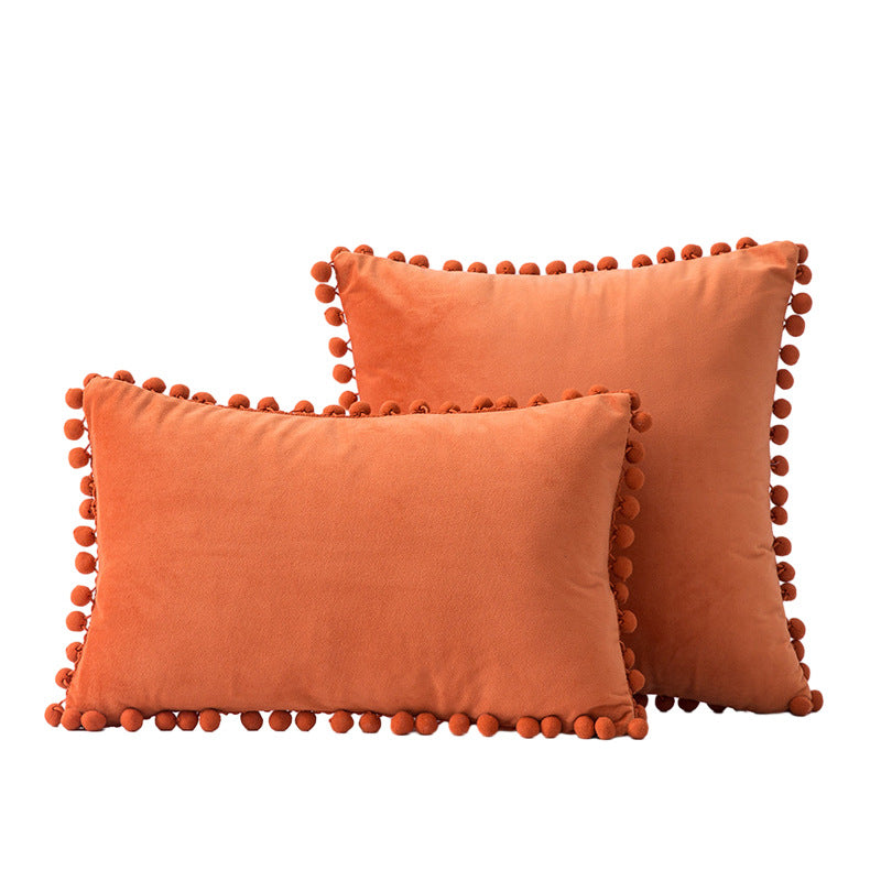 Velvet Pom-Pom Fringe Square and Lumbar Decorative Throw Pillow Set