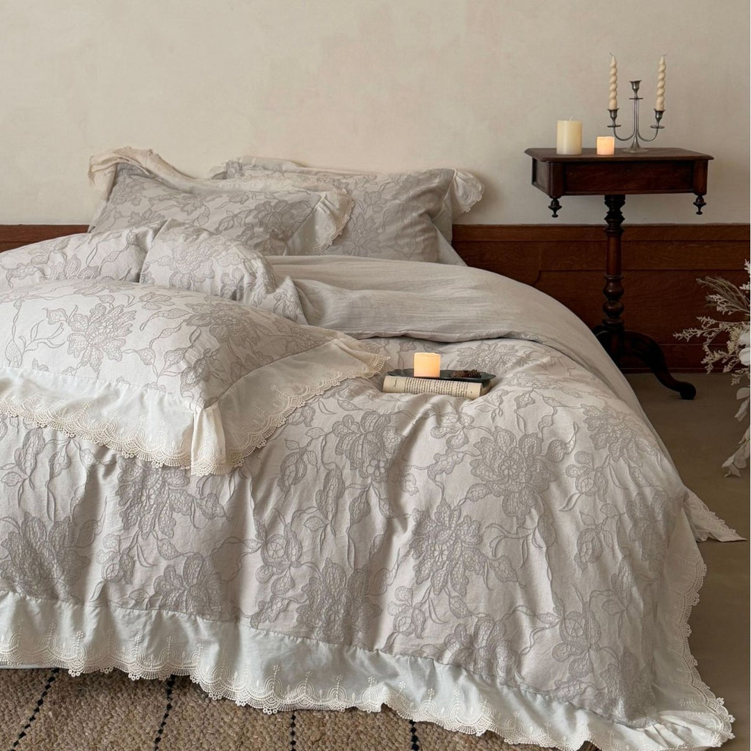 Luxurious jacquard bedding with lace trim and ruffle