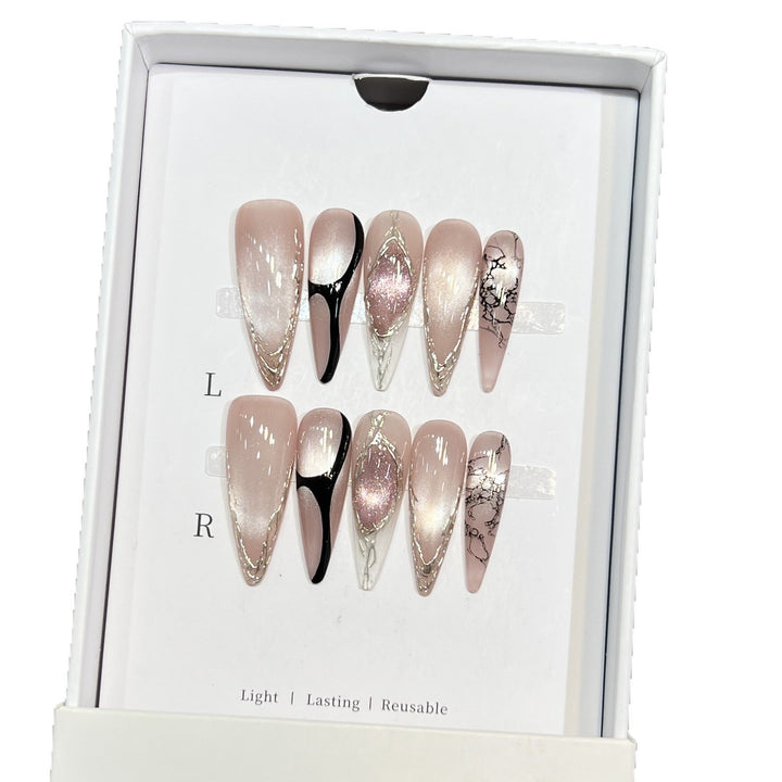Artistic Stiletto Press-On Nail Set with Unique Marble Design Kalsten