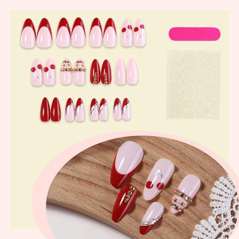 Decorative Art Press-On Nail Set with Cherry and Gold Accents kalsten