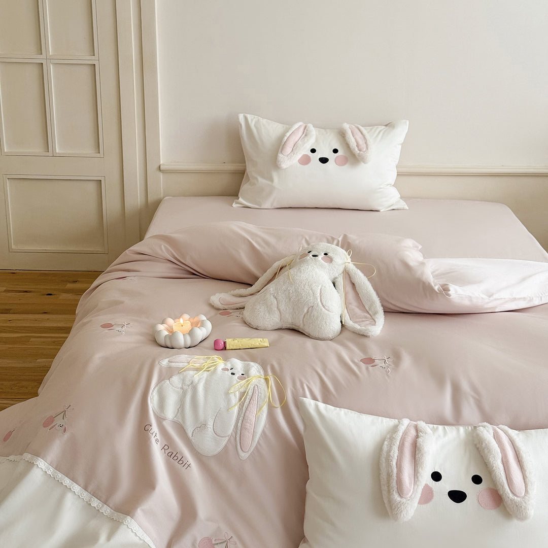 Cozy satin bedding with 3D rabbit appliqués
