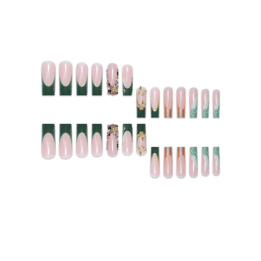 Artistic Press-On Nail Art with Gemstone and Butterfly Accents Kalsten