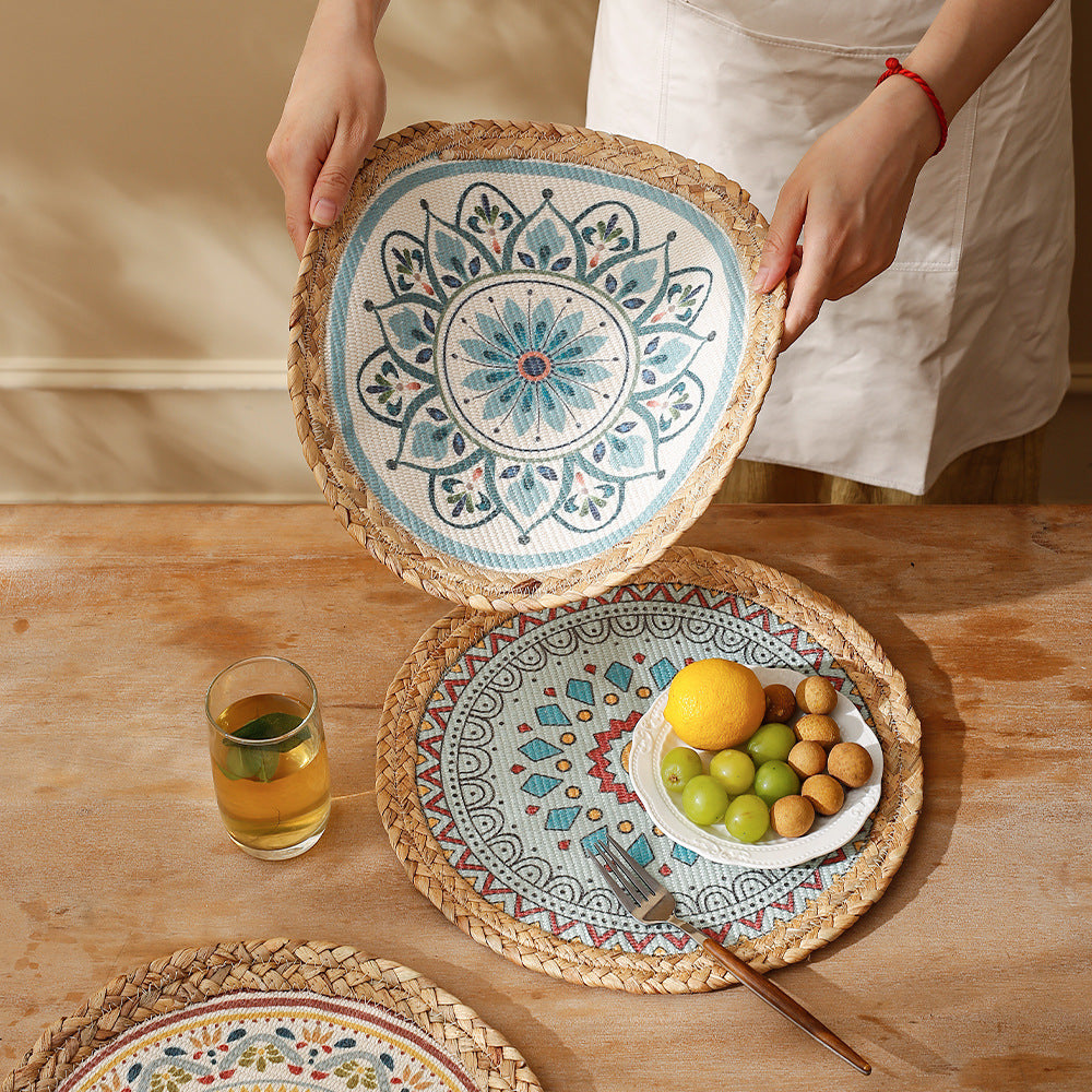 Round woven table mat made of jute with mandala cotton overlay Kalsten