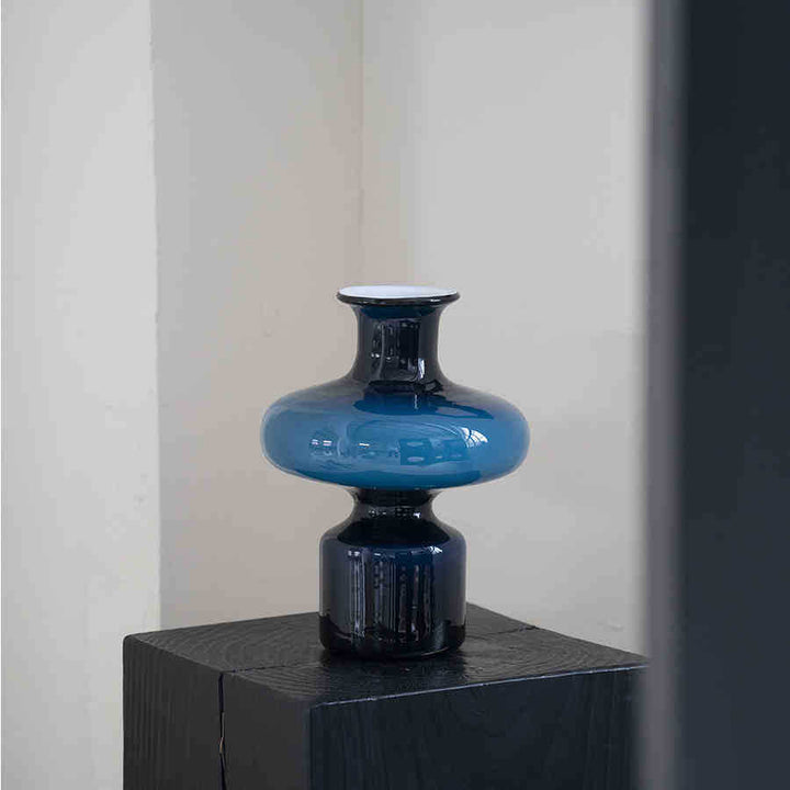 Studio-Blown Mushroom-Profile Art Glass Accent Vase with Stacked Silhouette Kalsten