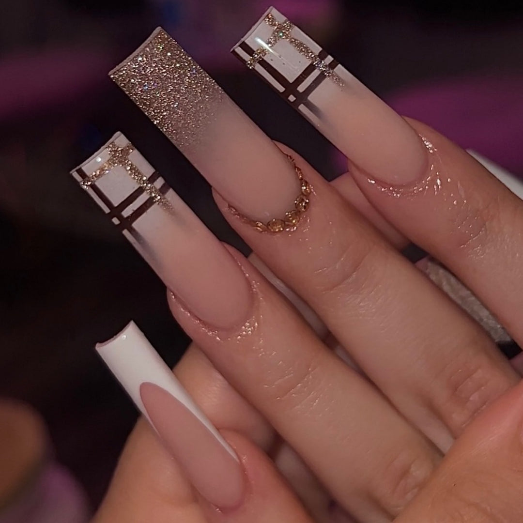 Decorative Long Coffin Nail Extensions with Glitter Accents Kalsten